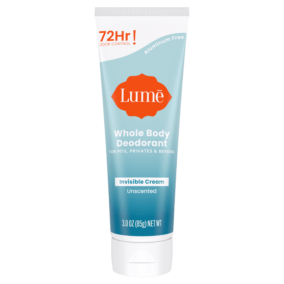 Blue and white Lume unscented cream deodorant tube