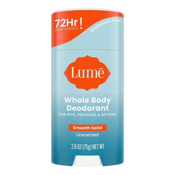 Blue and white Lume Unscented Solid Deodorant stick