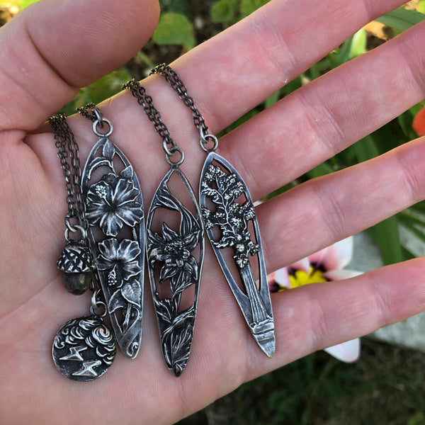 handcrafted flower and tree necklaces for gardeners