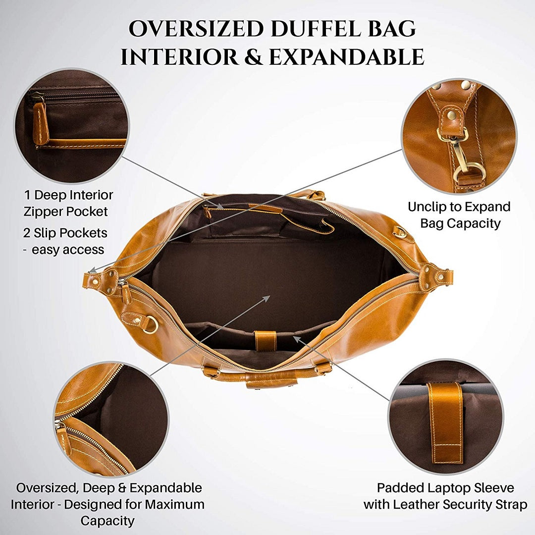 Viosi Vintage Expandable Duffel Bag Leather Weekender Luggage Travel B ...
