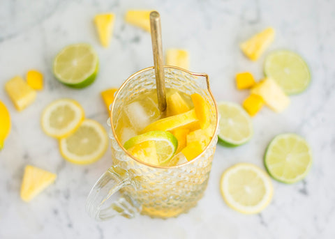 tropical green iced tea sangria and fruit in pitcher