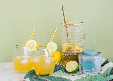 tropical green iced tea sangria in glasses with tin