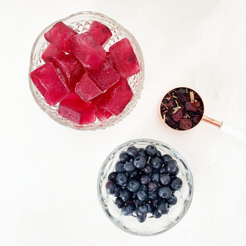 crimson berry tea ice cubes, blueberries, and loose leaf