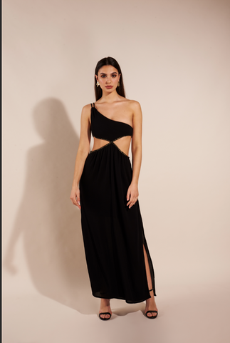 black asymmetrical evening dress Paris