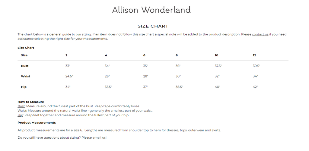 Size Chart - Allison Wonderland