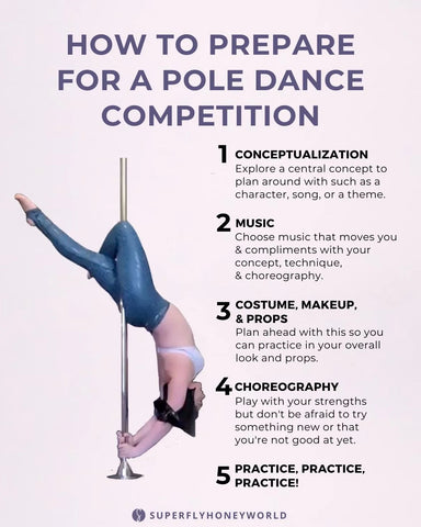 Female pole dancer doing a layback move with text about how to prepare for a pole dance competition.