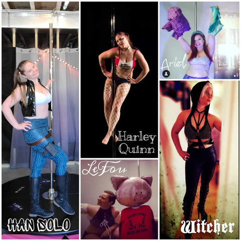 collage of various costumes for pole competitions. From left or right: Han Solo, Harley Quinn, Lefou, Ariel, and Witcher.