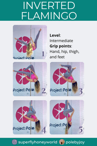 Pole trick infographic guide of the inverted flamingo pole trick showing step by step photos on how to achieve move.