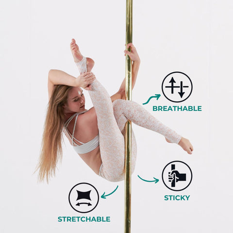 pole dancer in sticky pole wear with infographics of its feature