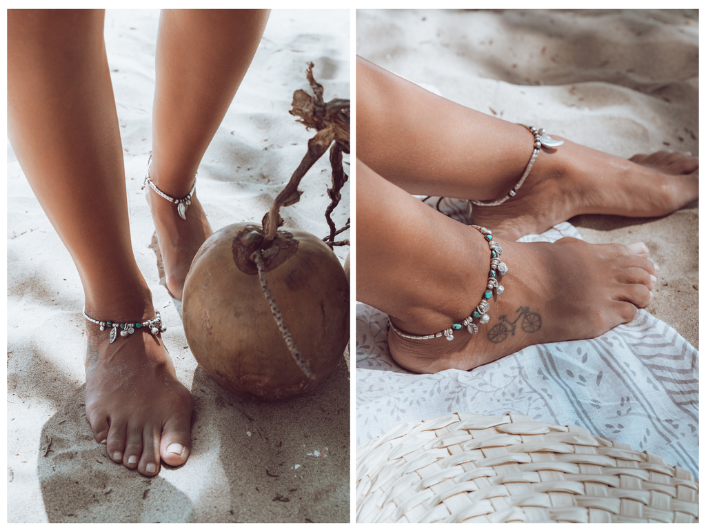Charm anklets with turquoise gemstones, silver beads and charms