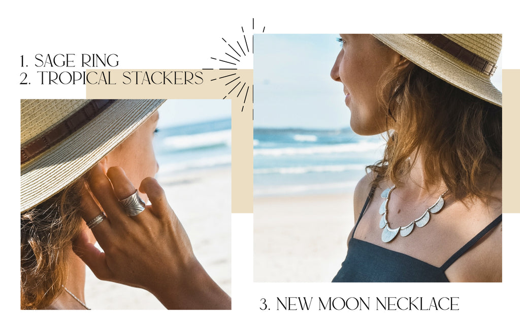 Sage ring, tropical stackers and new moon necklace