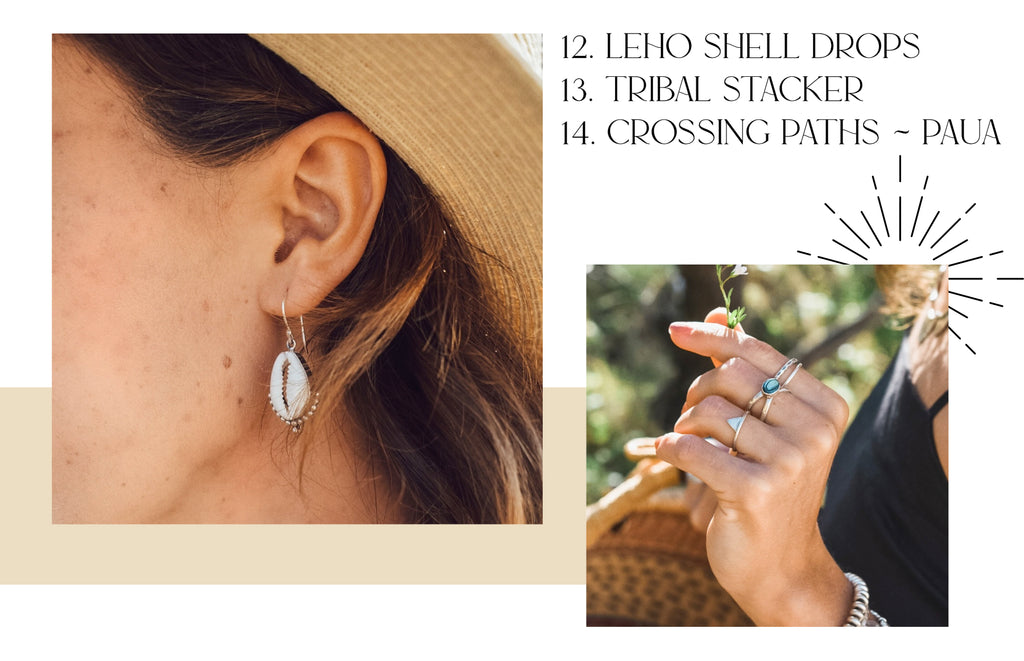 Leho Shell Drops, Tribal Stacker and Crossing Paths Paua Shell ring