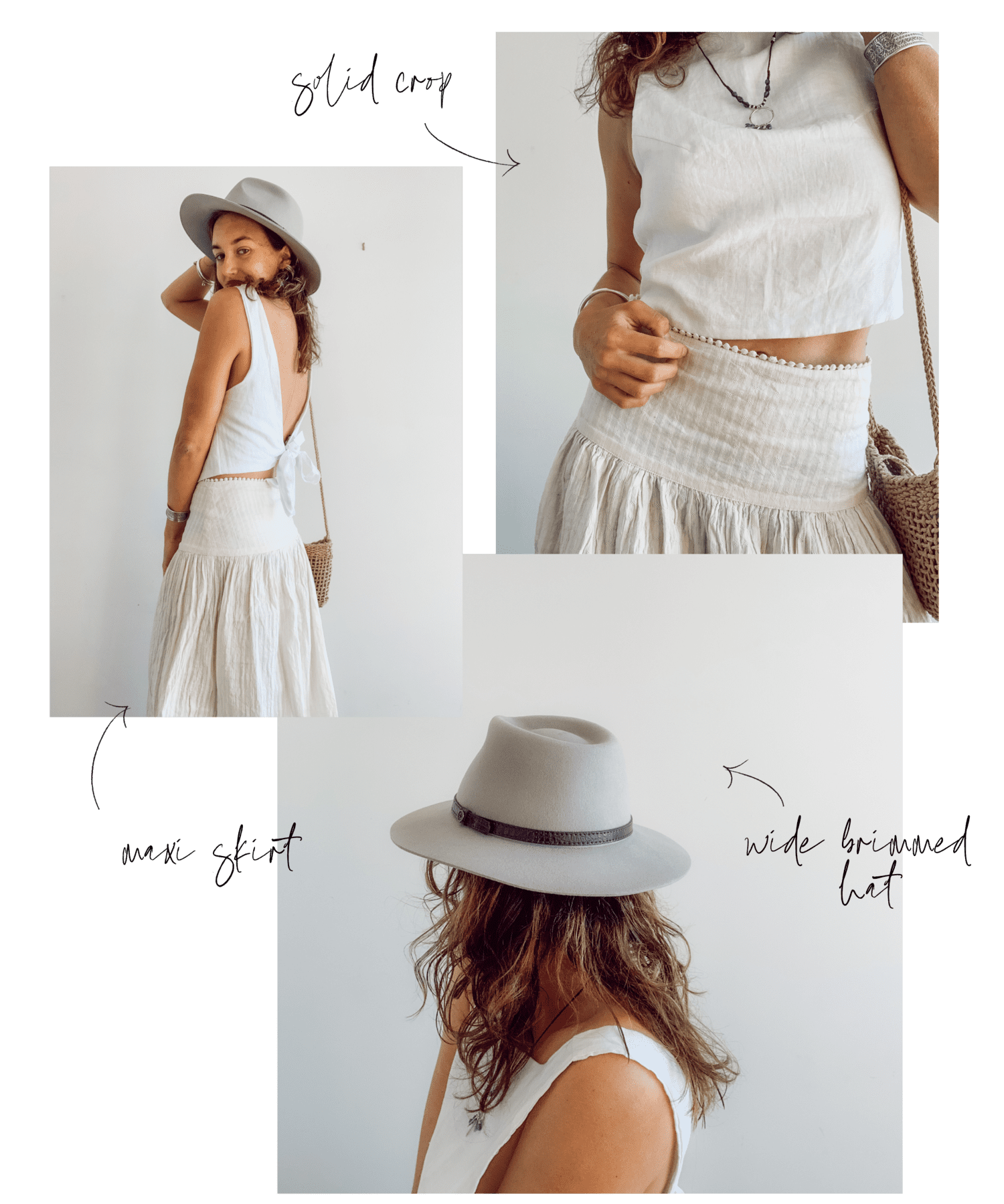Boho Style Maxi Skirt With Solid Crop and Wide-brimmed Hat