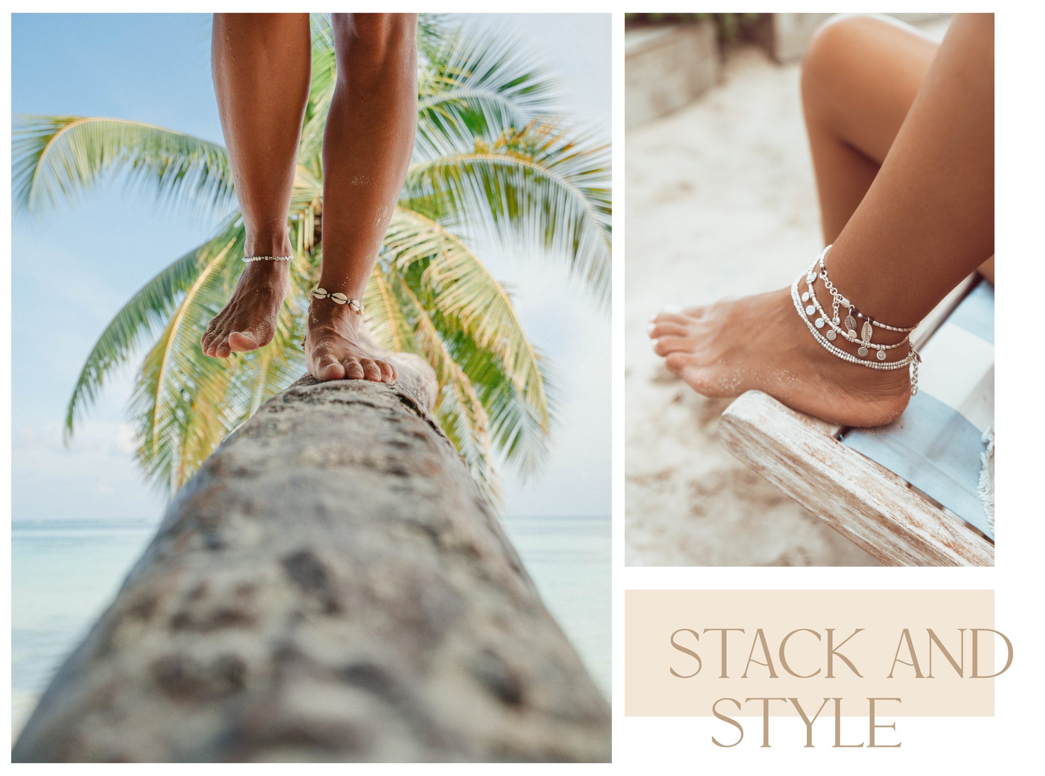 stack and style anklets on both ankles