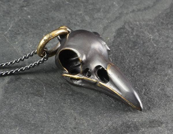 Black Raven Skull Necklace - Oxidized Bronze