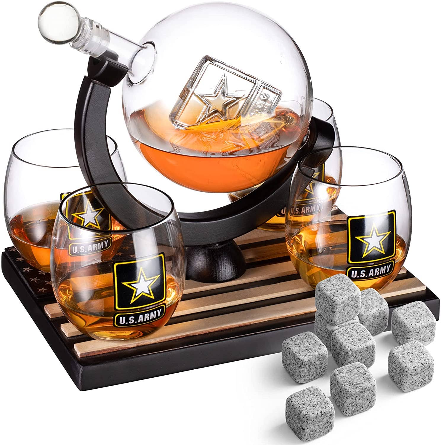 Globe Whiskey Decanter Set with 4 Liquor Glasses - US Army W
