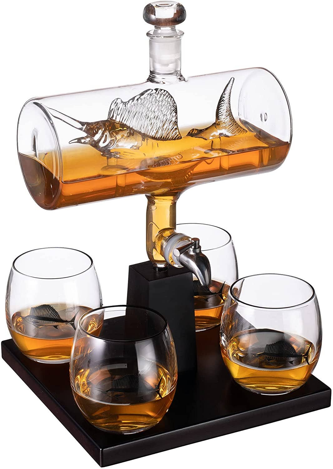 Sailfish Whiskey Decanter Set and 4 Liquor Glasses