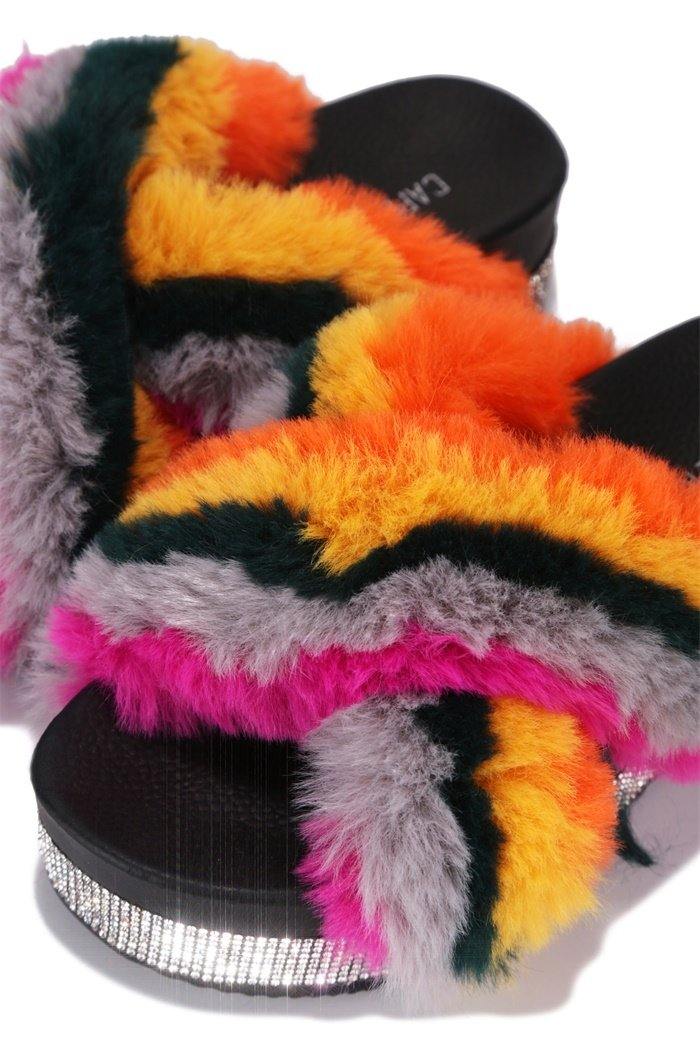 rainbow fur slides with strap