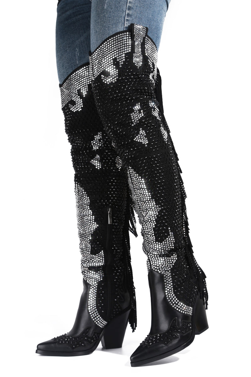 FLASHYBOX | TORNADO HOMECOMING RHINESTONE THIGH HIGH WESTERN BOOTS-BLACK | Women's Shoes and More