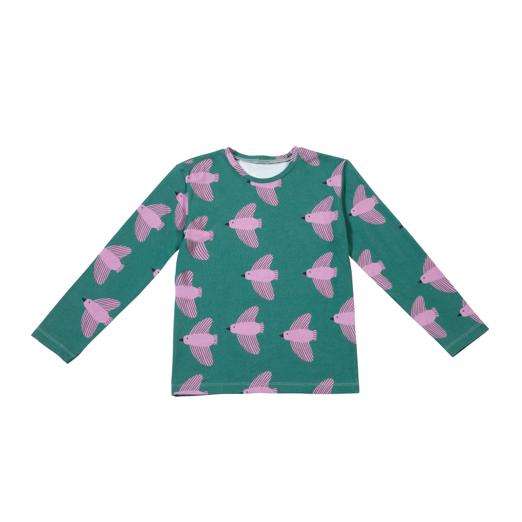 Pink Birds on Green Shirt