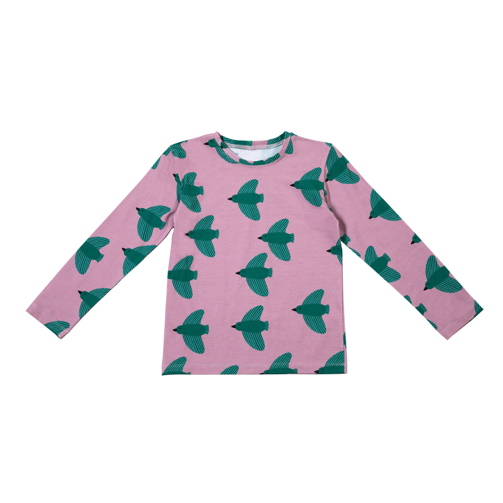 Green Birds on Pink Shirt