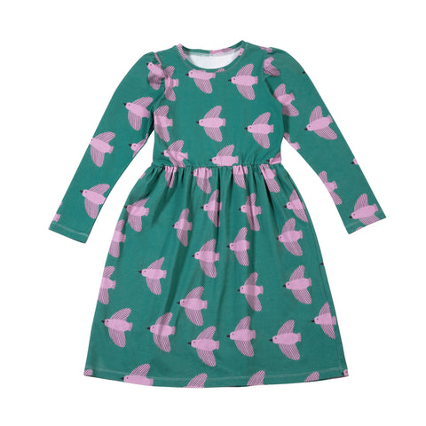 Birds on Green Puff Dress