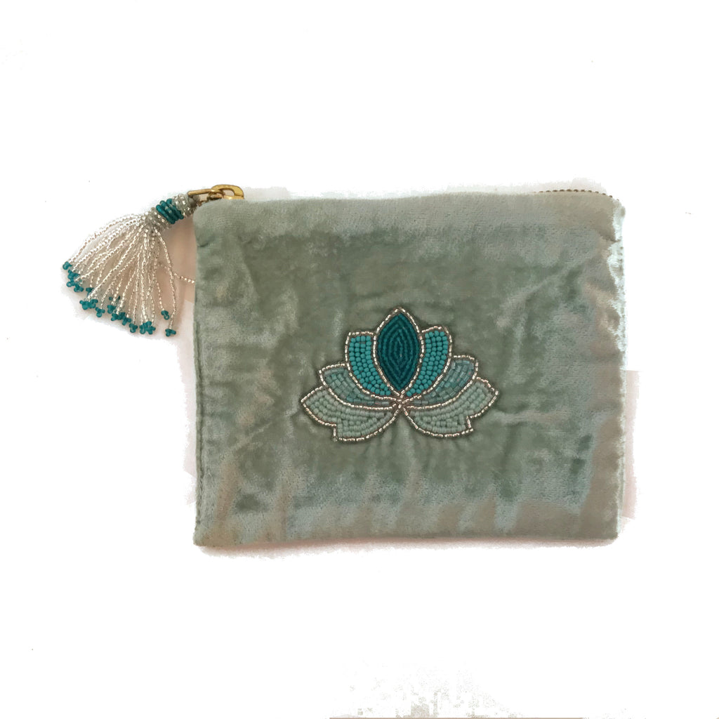 Velvet Mini Hand Pouch - Mint with Mint Lotus | The Elephant Story