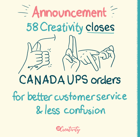 text “Announcement 58 Creativity closes CANADA UPS orders for better customer service and less confusion” Middle of illustration Canada UPS in ASL. Bottom logo - 58 Creativity