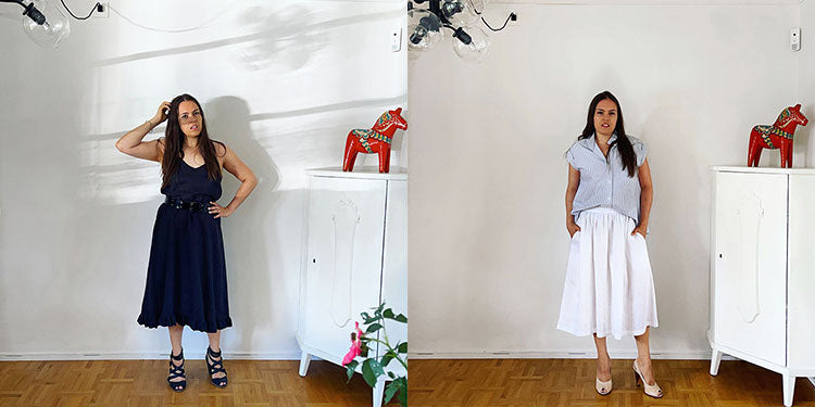 Woman wearing black linen slip dress and white linen skirt lounging at home 