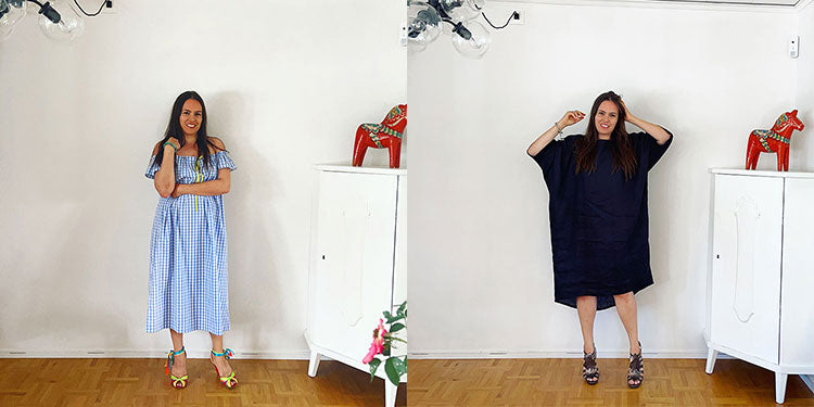 woman wearing blue gingham cotton summer dress with flounce sleeves, woman wearing oversized black linen summer kaftan with pockets 