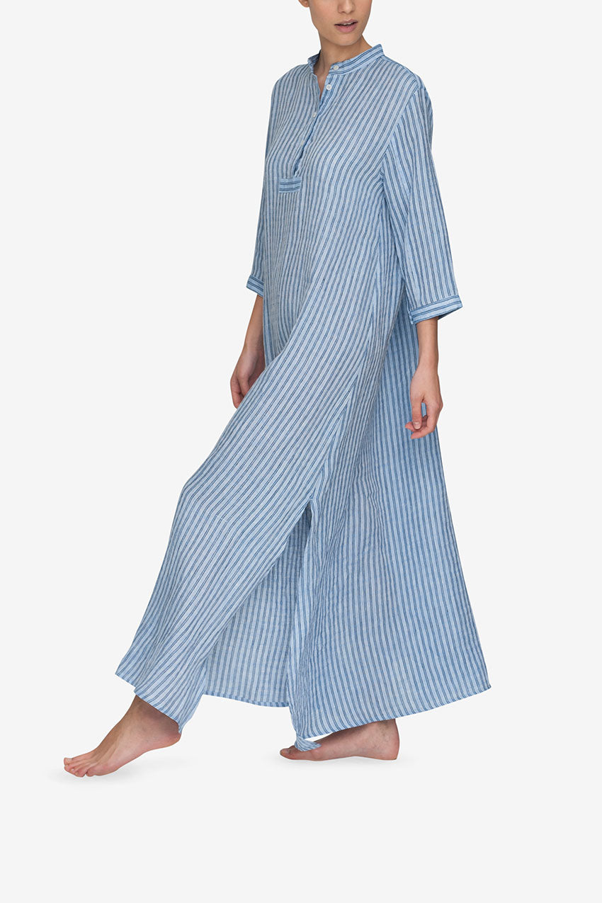 Full Length Sleep Shirt in Double Stripe Blue Linen