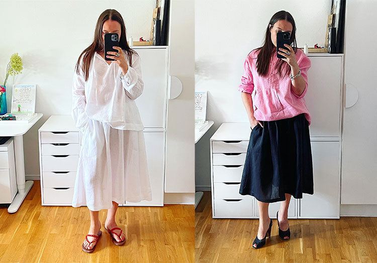 Mirror selfies of a woman wearing a white linen top and skirt, and a pink linen oversized shirt with skirt