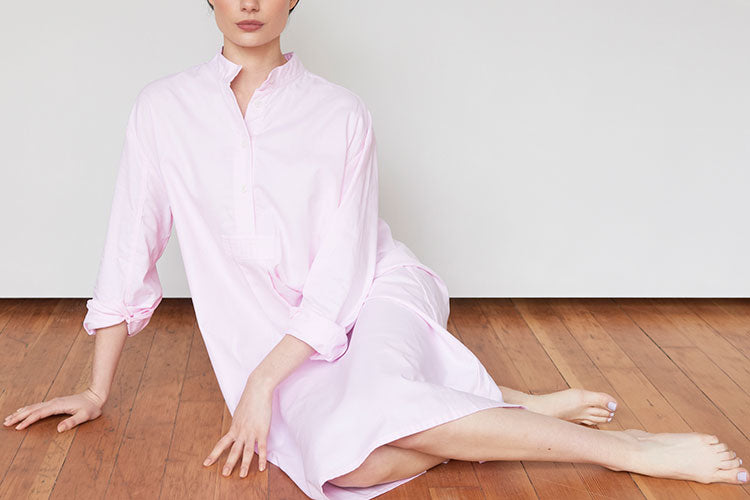 Woman in beautiful cotton nightshirt in pretty pink oxford cotton 
