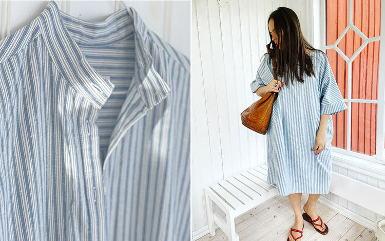 A hanging blue and white striped nightshirt next to a photo of a woman wearing a blue and white striped kaftan