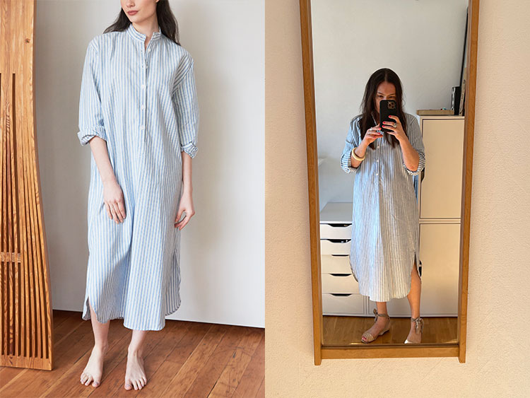 Side by side photos of women wearing a long blue and white striped nightshirt