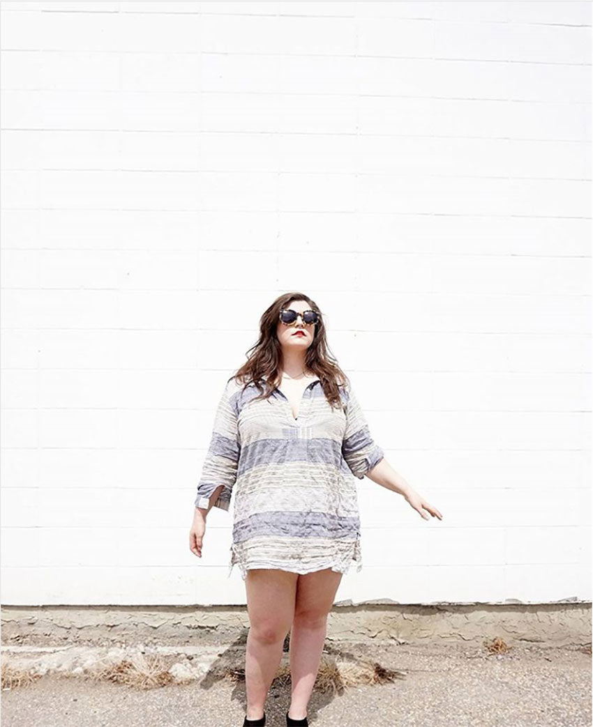 Blue and Yellow Stripe Linen in best selling shape Short Sleep Shirt on Plus model in a styled ready to wear look