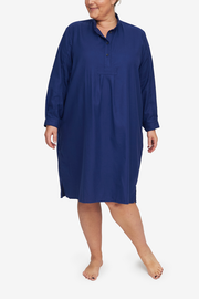 Our favourite long sleep shirt made from a dark blue cotton flannel. Long sleeves, with a neckline that's great for nursing. X Plus extended size best-selling classic long sleep shirt.
