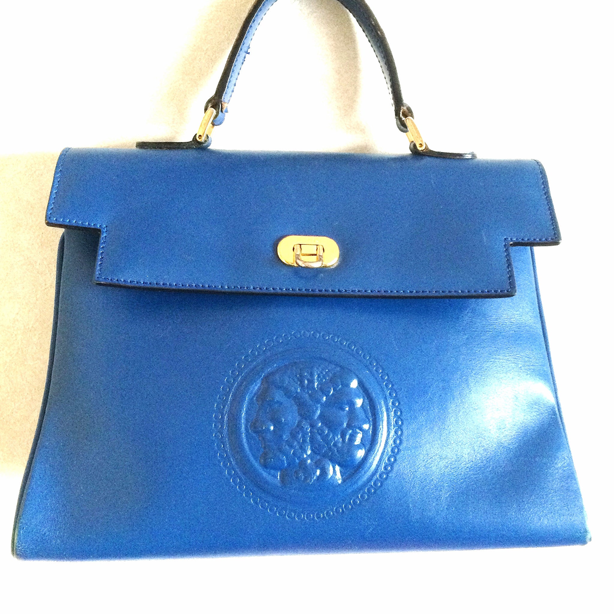 Vintage FENDI blue leather classic kelly style handbag with iconic Jan