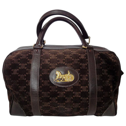 Vintage Celine genuine dark brown suede leather mini duffle, speedy type handbag purse with macadam, blason print with golden logo. Unisex