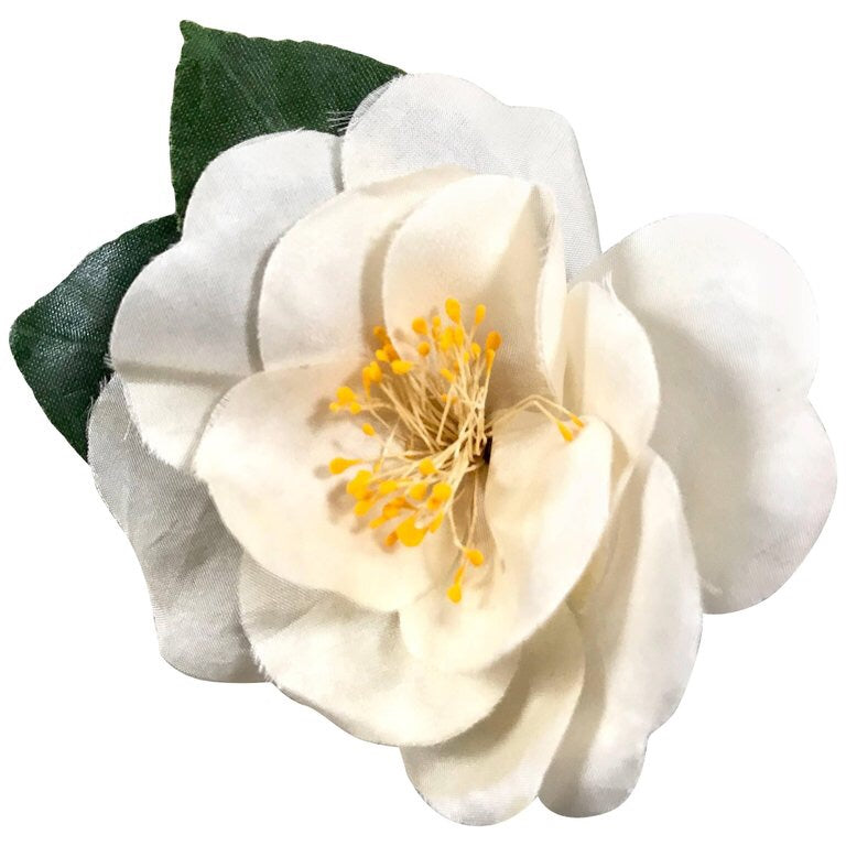 CHANEL WHITE LEATHER CAMELLIA BROOCH in United States