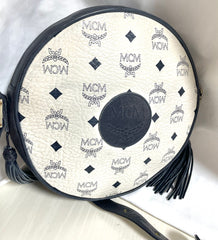 Vintage MCM navy and white monogram round shape Suzy Wong shoulder bag with leather trimmings. Unisex. Designed by Michael Cromer. 041207an1