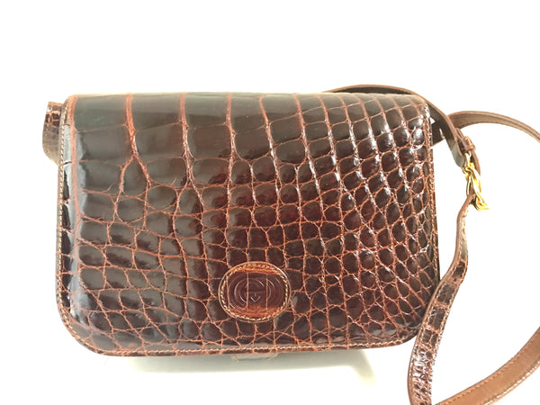 Vintage GUCCI brown crocodile leather shoulder bag with GG mark. Unise ...