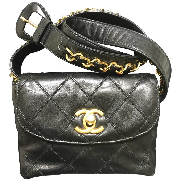 black fanny pack with gold chain