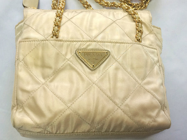 Vintage Prada quilted nylon ivory beige shoulder bag with gold tone ch ...