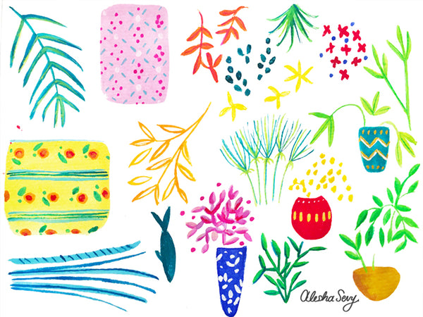 collection of colorful plant and pattern spot illustrations by Alesha Sevy.