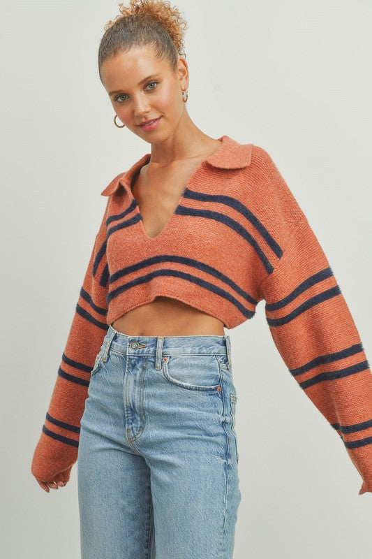 Striped Crop Collared Sweater