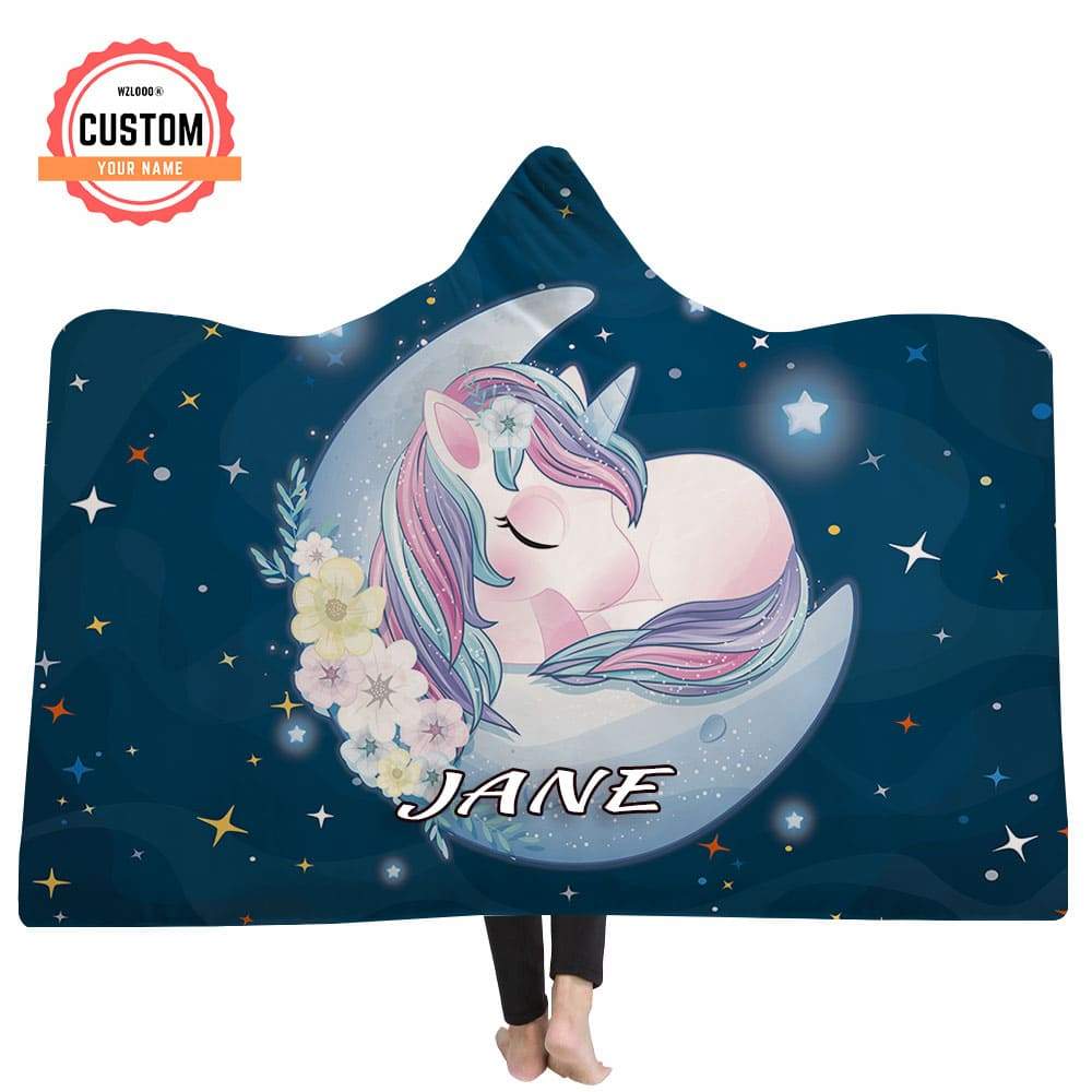 Unicorn Blue Custom Name Hooded Blankets X(56x43 in/140x110 cm)