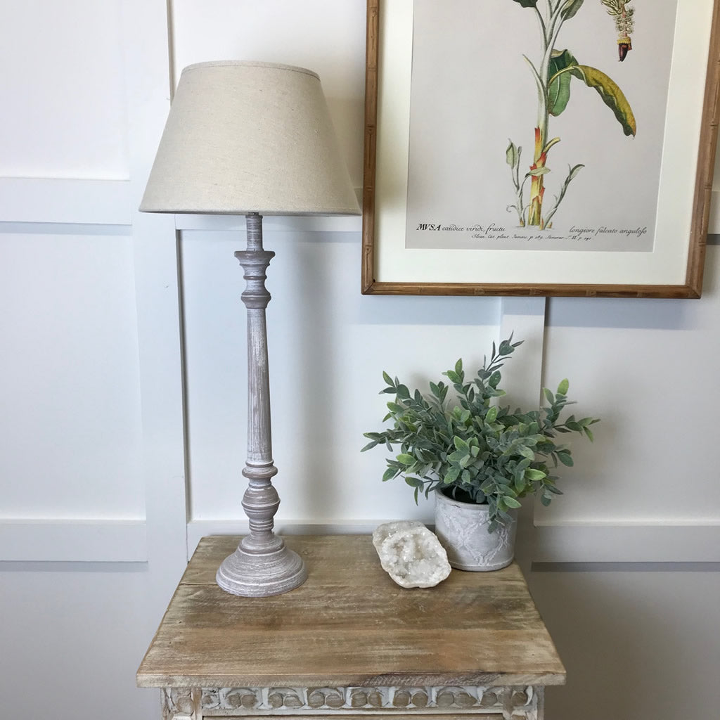 Tall Wood Table Lamp Whitewash Linen Shade Cowshed Interiors