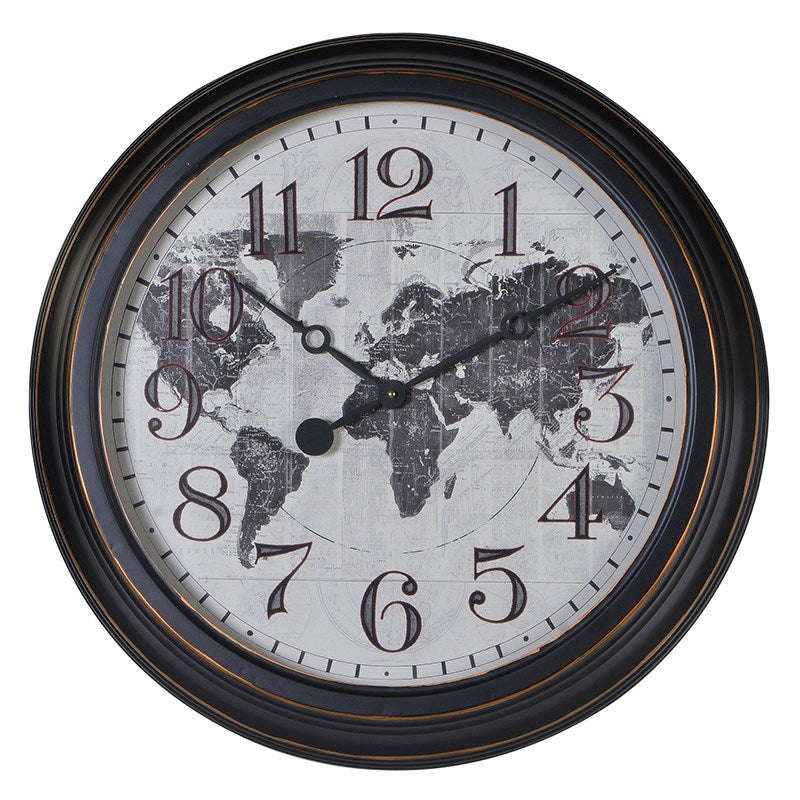 Round Distressed World Map Metal Wall Clock English