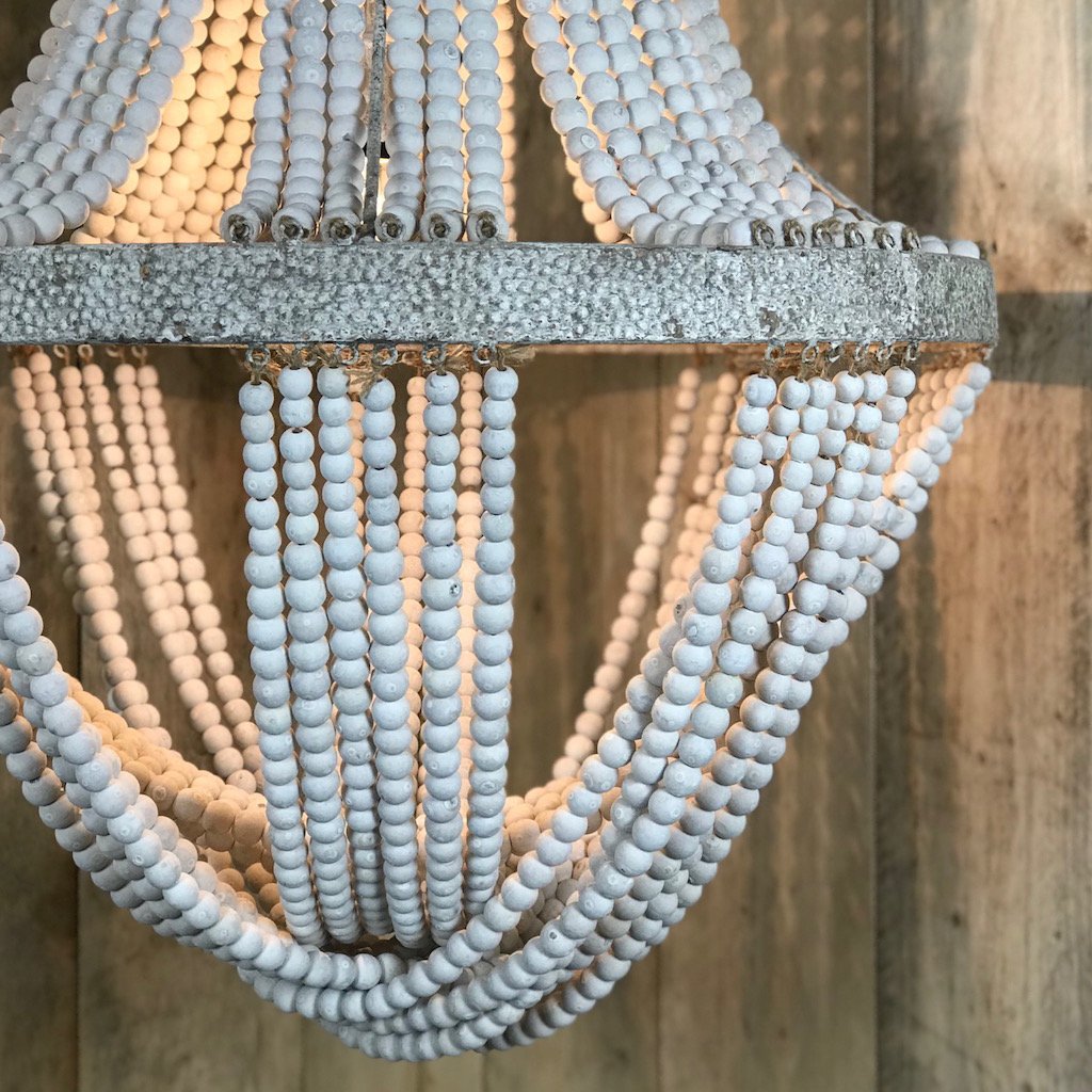 White Washed Tall Wooden Bead Chandelier Distressed Metal Detail Luna Cowshed Interiors